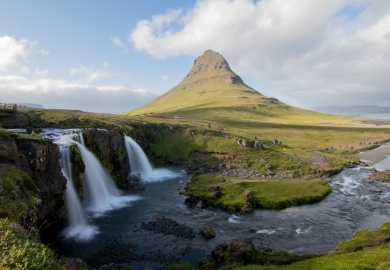 The most photographed mountain in Iceland, with waterfalls at its base.