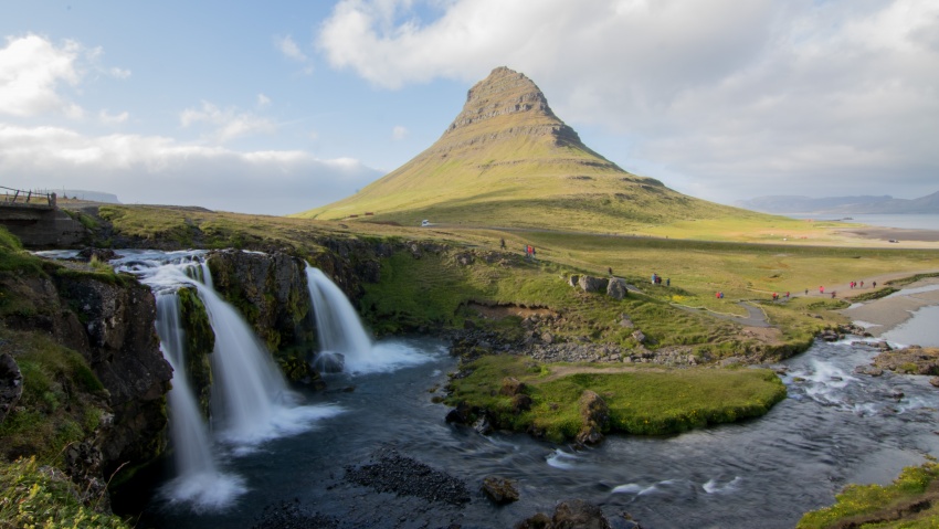 The most photographed mountain in Iceland, with waterfalls at its base.
